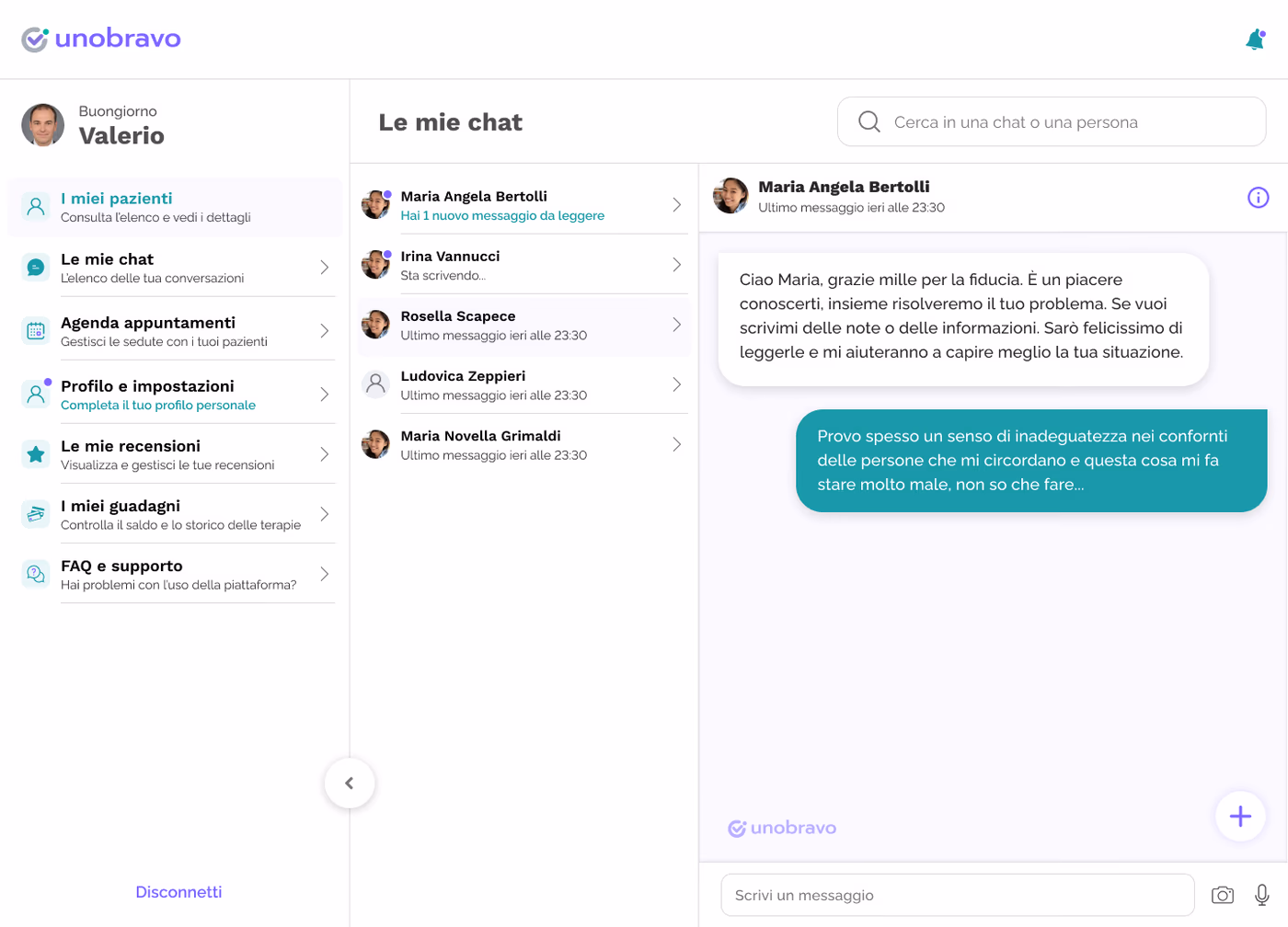 Unobravo psychologist dashboard with patient chat