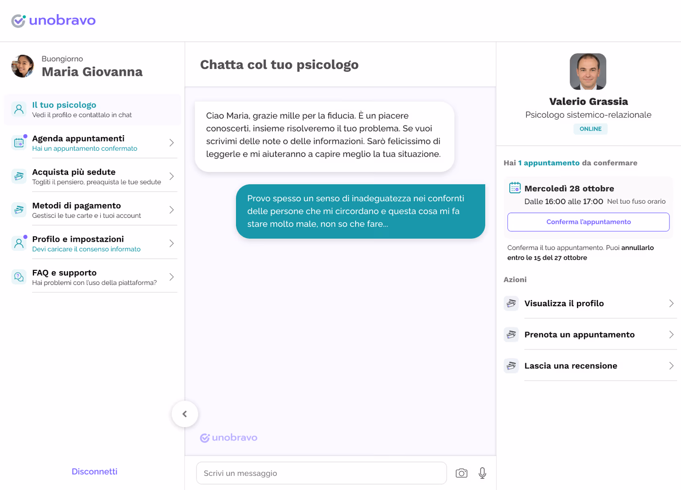 Unobravo patient dashboard with therapist chat