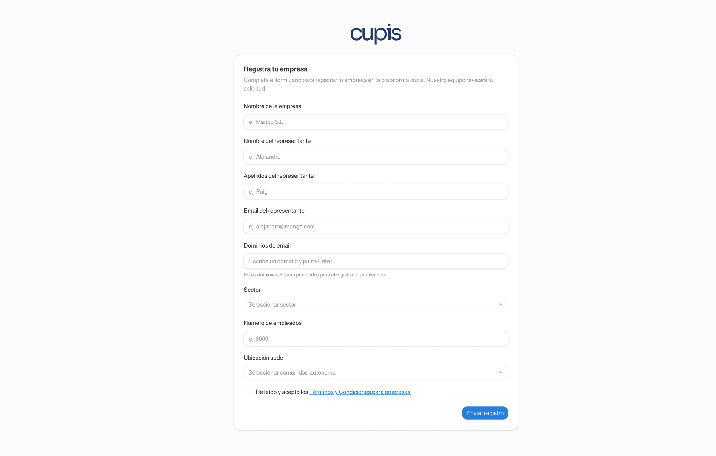 Formulario self-service de solicitud de acceso de empresa, con sector, tamaño y datos de contacto