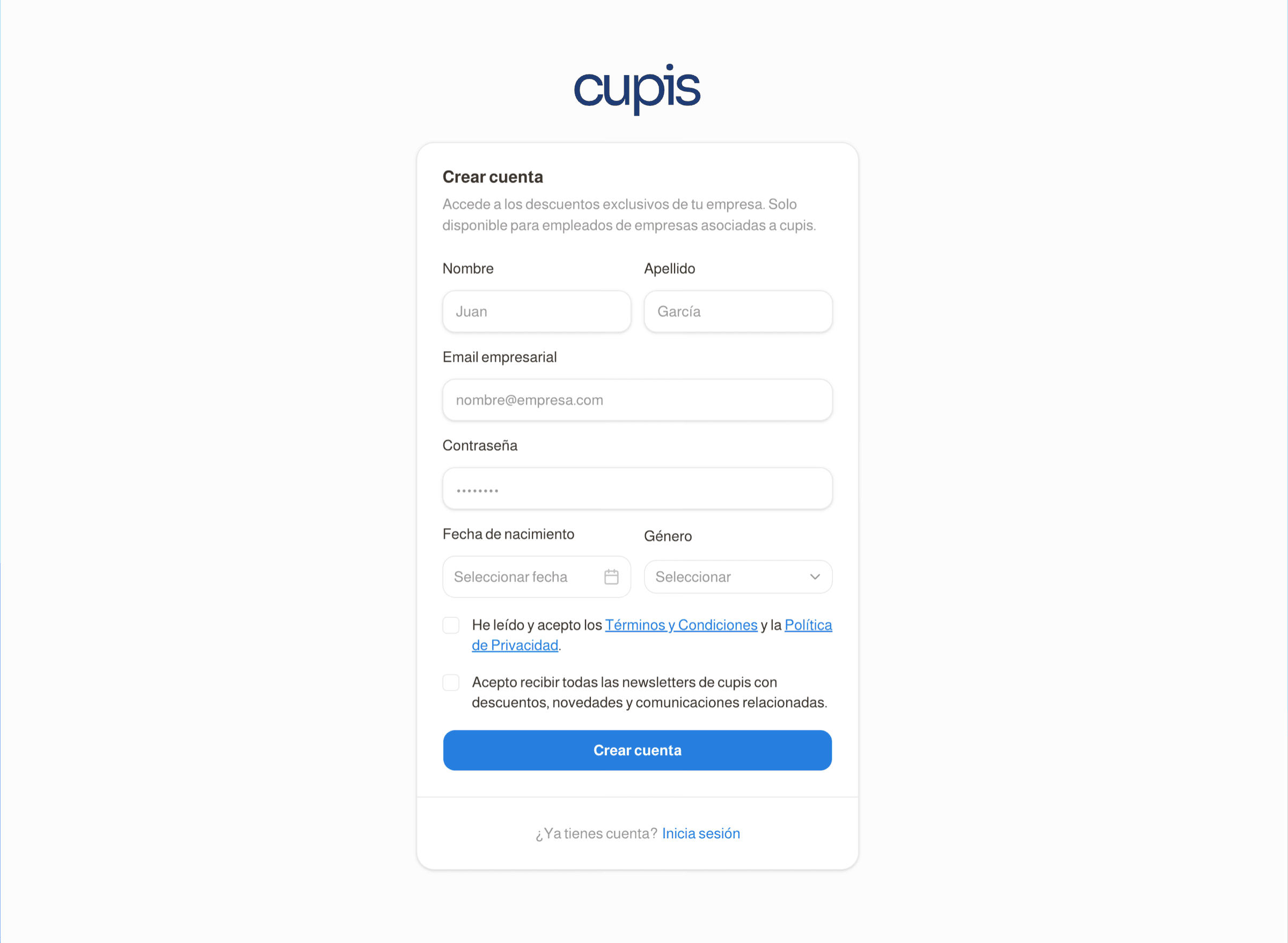 Formulario de registro de usuario de Cupis, con validación del email contra la whitelist de empresas